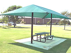 Playground shades :: Rectangle shades, shade structures, and canopies use a single post, offering extra space underneath for playground fun.